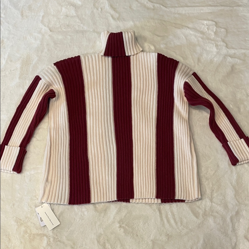 Ultra soft oversized Striped Turtleneck Sweater - Wine and Cream